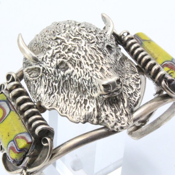 Rare! Gary Edwards Navajo Sterling Silver Trade Beads Buffalo Head Cuff Bracelet - Picture 7 of 11